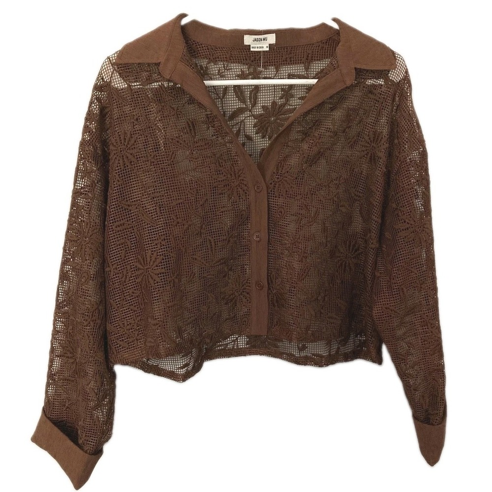 Jason Wu Shirt Women M Brown Lace Floral Sheer Button Up Cropped Long Sleeve EUC